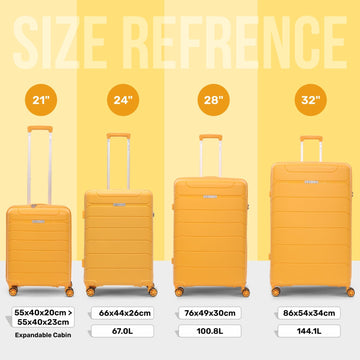 Aerolite Premium PP 4 Piece Hard Shell 4 Dual Wheel Spinner Travel Luggage Suitcase Set , Expandable Cabin + Medium + Large + Extra Large - Mango